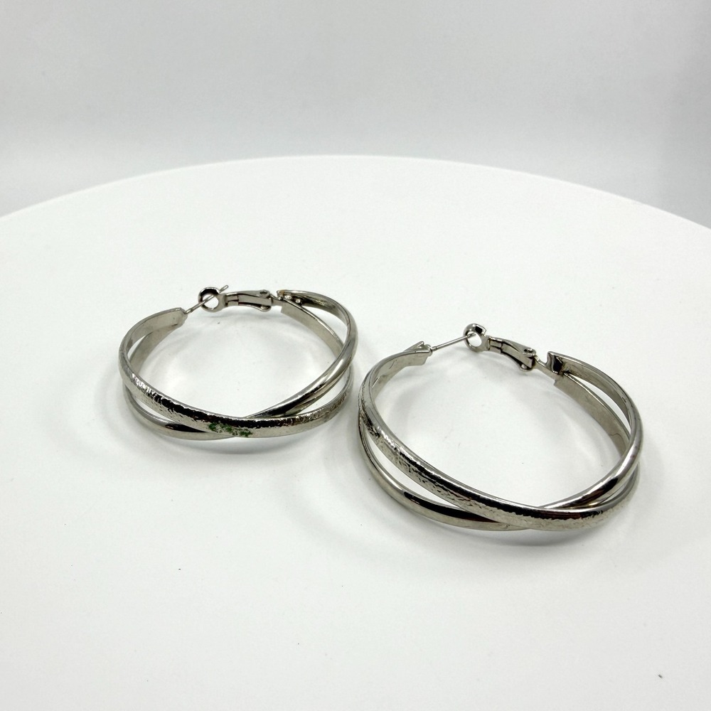 Silver Tone Crisscross Hoop Earrings - Textured Modern Minimalist Jewelry